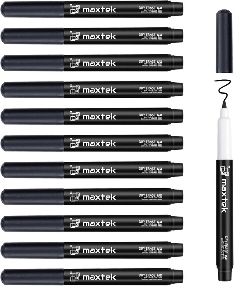 maxtek Black Dry Erase Markers Ultra Fine Tip, 0.7mm, Low Odor, Extra Fine Point Dry Erase Markers for Planning Whiteboard, Calendar Boards, Whiteboard Markers for School Supplies (12 Count) - Image 1
